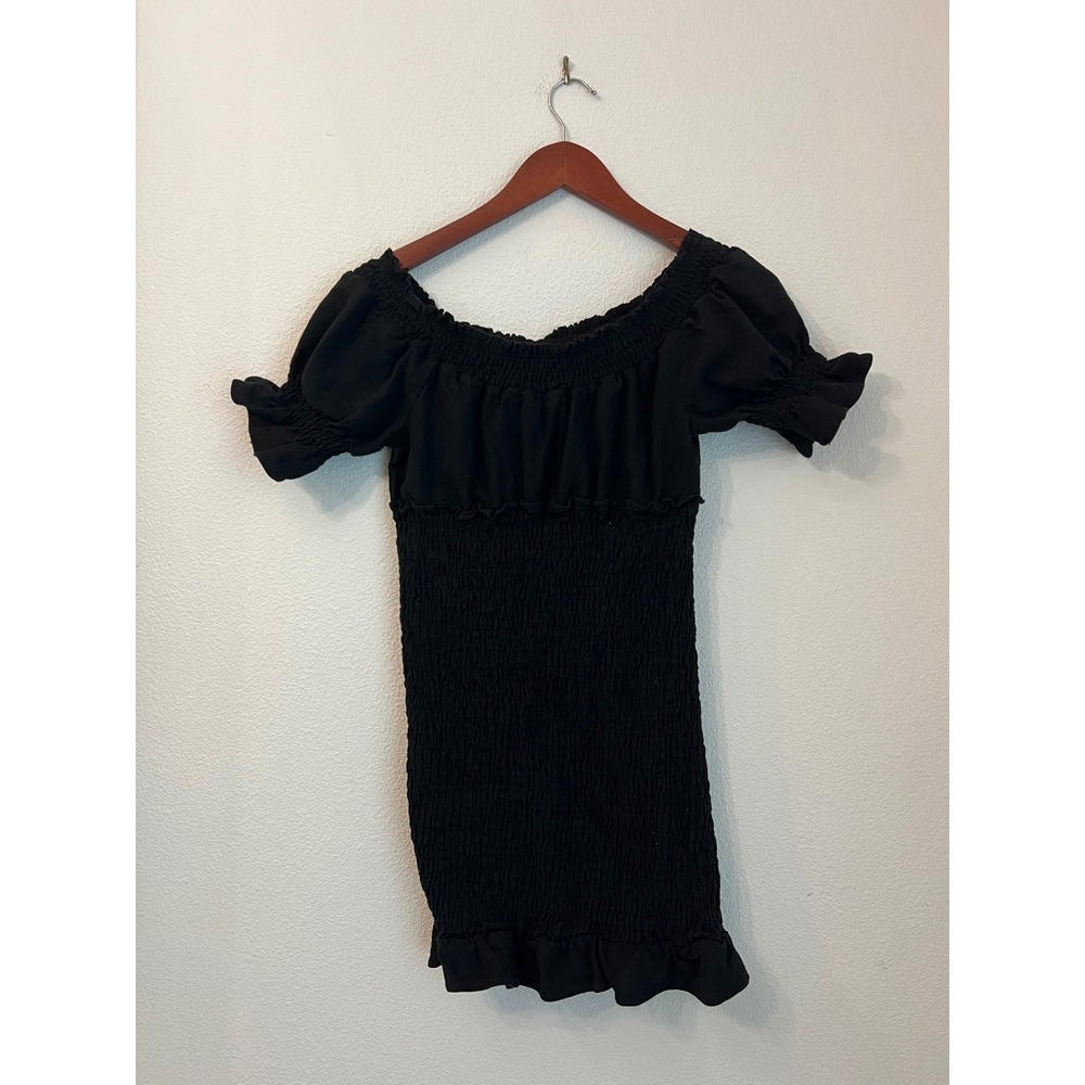 Black Off Shoulder Smocked Dress Ruffle Short Sleeve Mini Dress